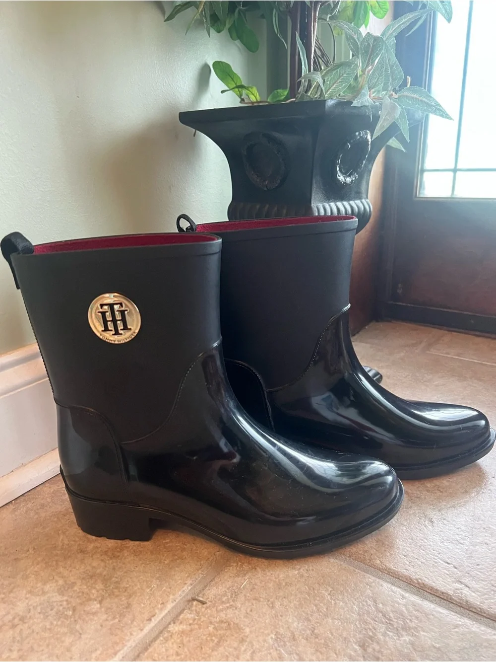 Tommy Hilfiger Black Short Rain Boots with Red Interior